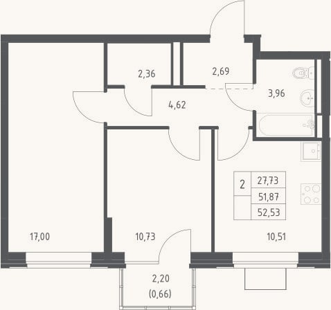 Планировка: 2-к, 51,9 м²
