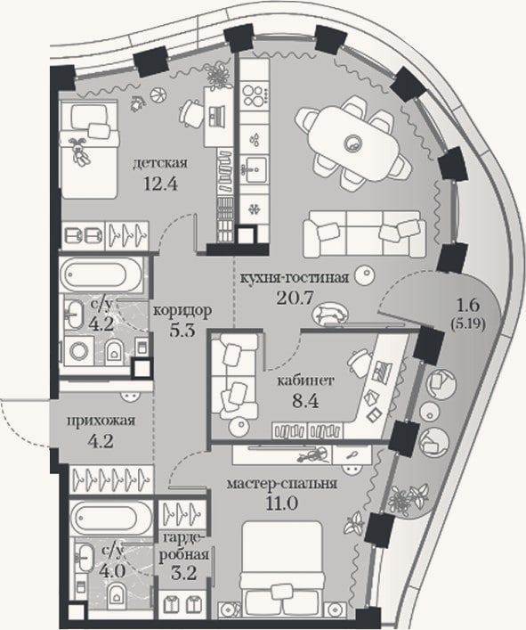 Планировка: 3-к, 73,4 м²