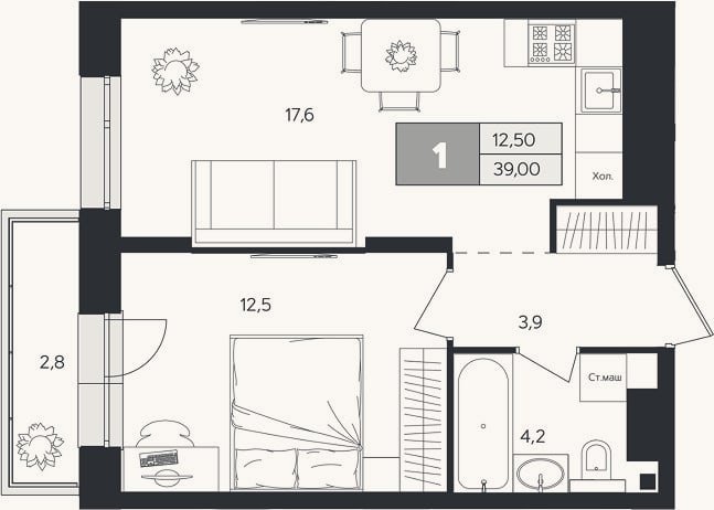 Планировка: 1-к, 38,2 м²