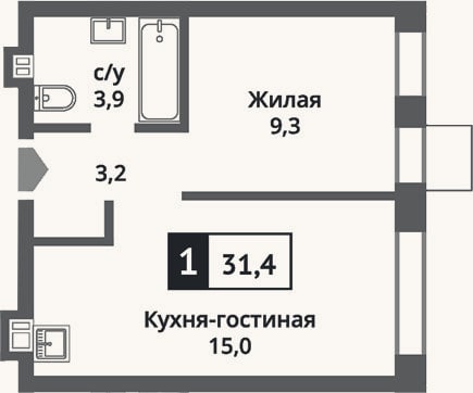 Планировка: 2-к, 31,4 м²