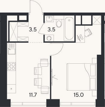 Планировка: 1-к, 33,7 м²