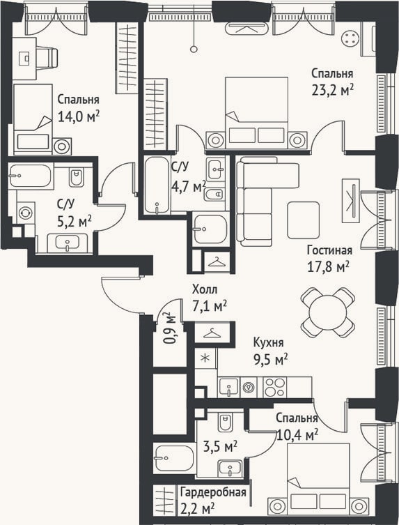 Планировка: 4+ к, 98,3 м²