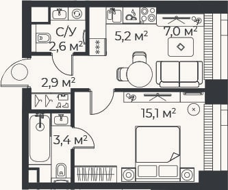 Планировка: 2-к, 36,2 м²