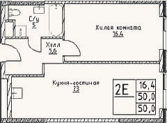 Планировка: 2-к, 50 м²