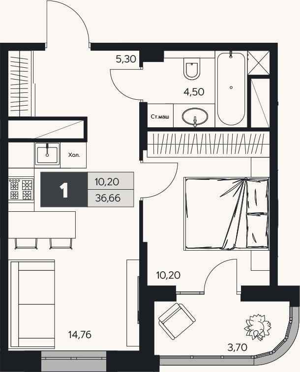 Планировка: 1-к, 34,8 м²