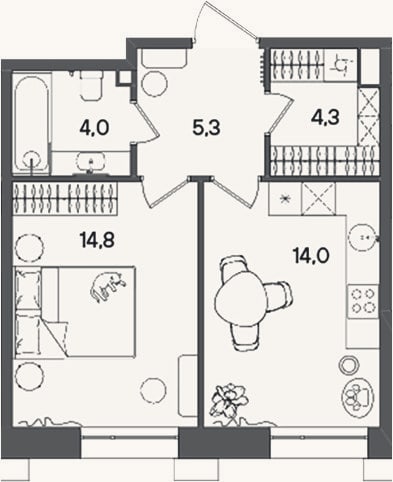 Планировка: 1-к, 42,4 м²