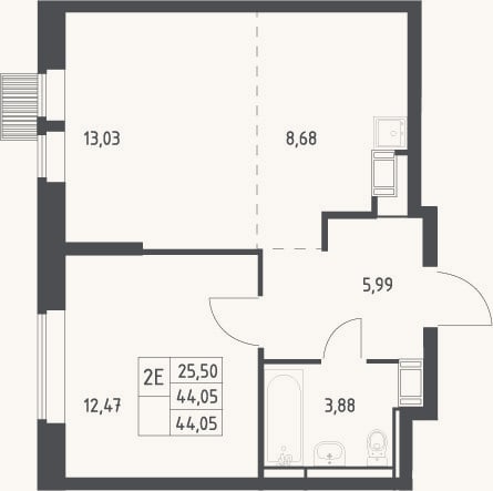 Планировка: 2-к, 44,1 м²