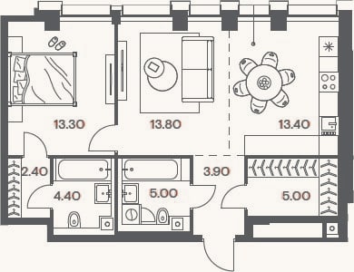 Планировка: 2-к, 61,2 м²
