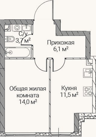 Планировка: 1-к, 35,3 м²