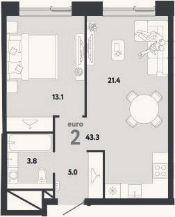 Планировка: 2-к, 43,3 м²