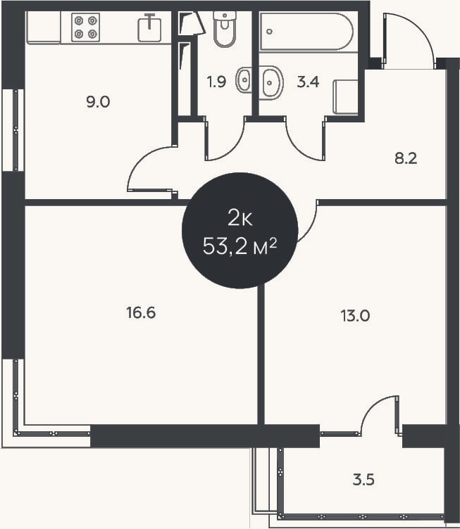 Планировка: 2-к, 52,2 м²