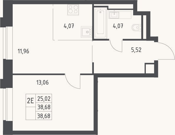 Планировка: 2-к, 38,7 м²