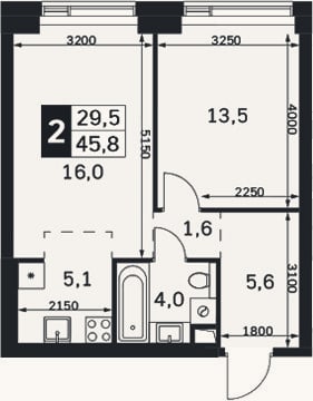 Планировка: 2-к, 45,8 м²