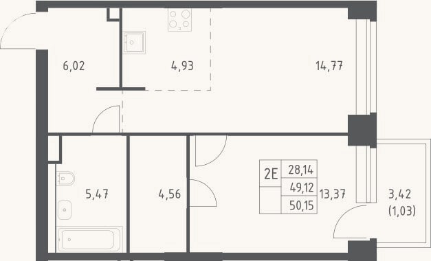 Планировка: 2-к, 49,1 м²