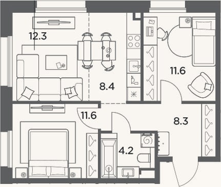 Планировка: 3-к, 56,4 м²