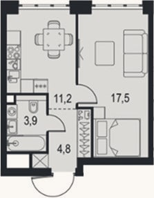 Планировка: 1-к, 37,4 м²