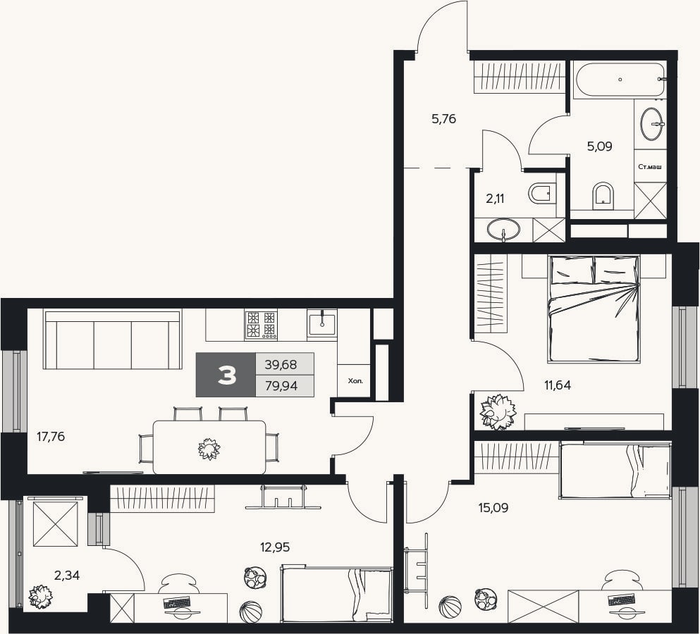 Планировка: 3-к, 77,6 м²