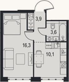 Планировка: 1-к, 33,9 м²