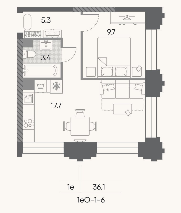 Планировка: 2-к, 36,1 м²