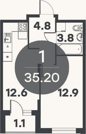 Планировка: 1-к, 34,1 м²