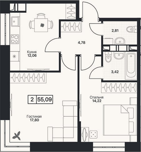 Планировка: 2-к, 54,3 м²