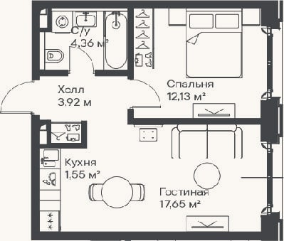 Планировка: 2-к, 39,6 м²