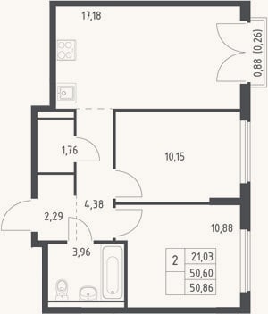 Планировка: 3-к, 50,6 м²