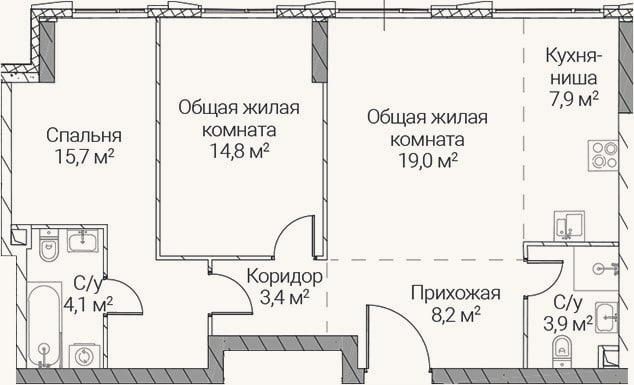 Планировка: 3-к, 77 м²