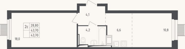 Планировка: 2-к, 42,3 м²