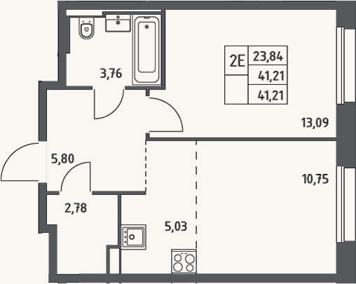 Планировка: 2-к, 41,2 м²