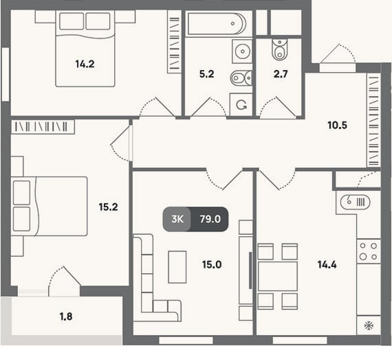 Планировка: 3-к, 77,2 м²