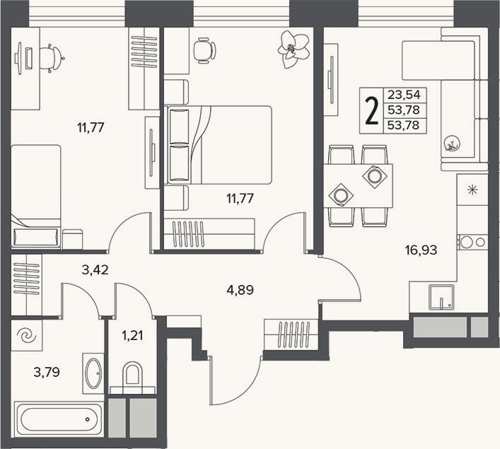 Планировка: 3-к, 53,8 м²