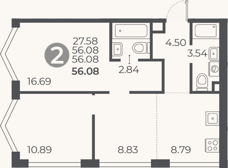 Планировка: 2-к, 56,1 м²