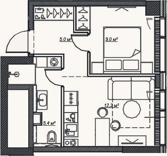 Планировка: 2-к, 31,7 м²