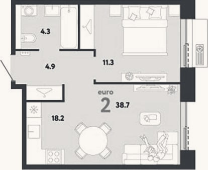 Планировка: 2-к, 38,7 м²