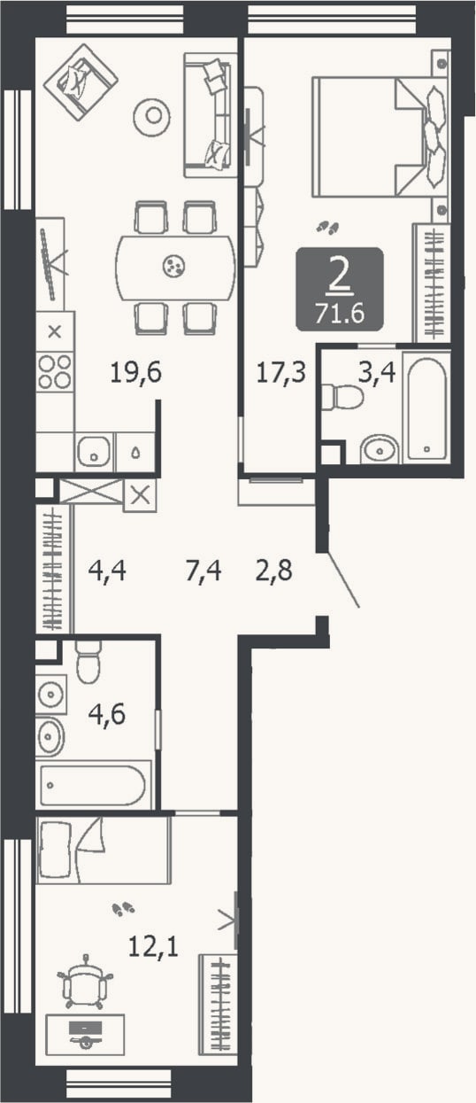 Планировка: 3-к, 71,6 м²