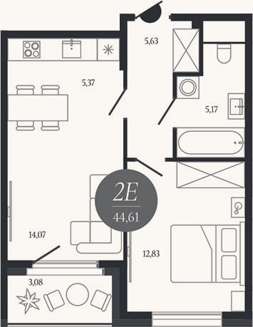 Планировка: 2-к, 43,1 м²