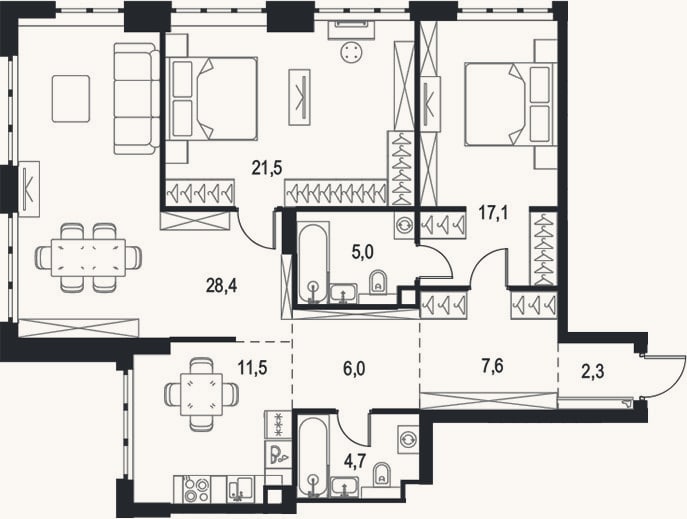 Планировка: 3-к, 104,1 м²