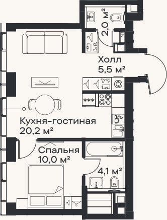 Планировка: 2-к, 41,8 м²