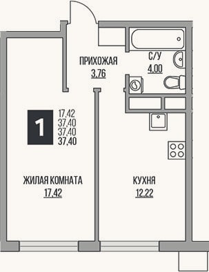 Планировка: 2-к, 37,4 м²