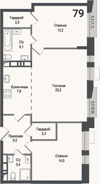 Планировка: 3-к, 77,8 м²
