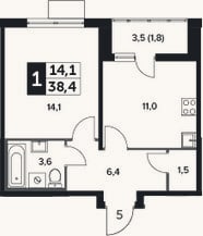 Планировка: 1-к, 36,6 м²