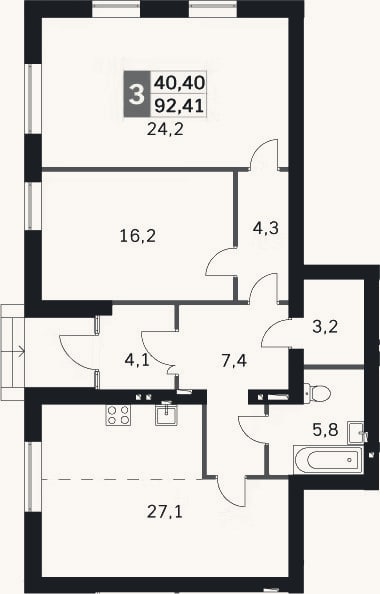 Планировка: 3-к, 90,6 м²