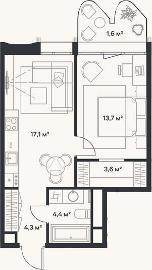 Планировка: 2-к, 43,1 м²