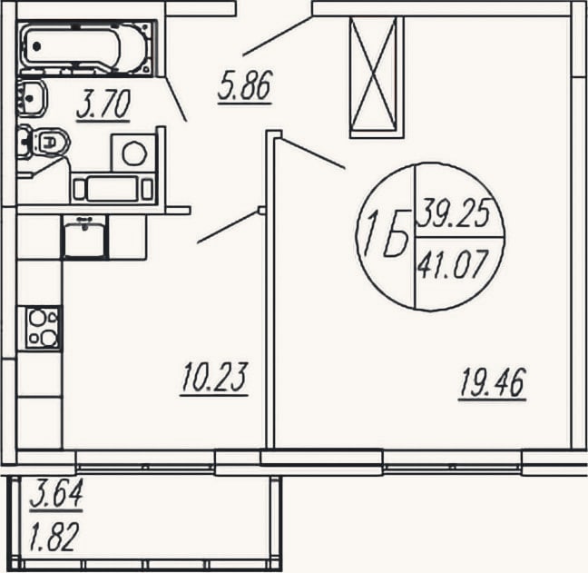 Планировка: 1-к, 39,3 м²
