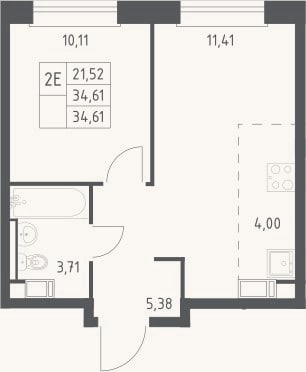 Планировка: 2-к, 34,6 м²