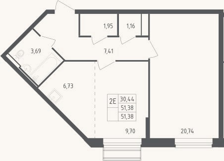 Планировка: 2-к, 51,4 м²