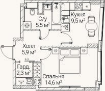 Планировка: 1-к, 37,5 м²