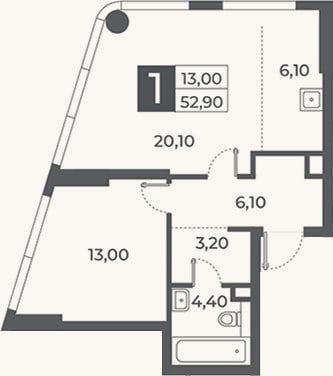 Планировка: 1-к, 52,9 м²