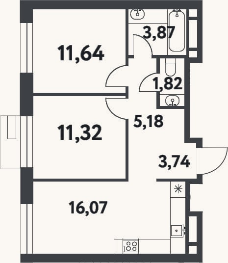 Планировка: 2-к, 53,6 м²